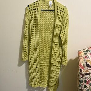 Open-Knit Long Cardigan Sweater - Yellow green
